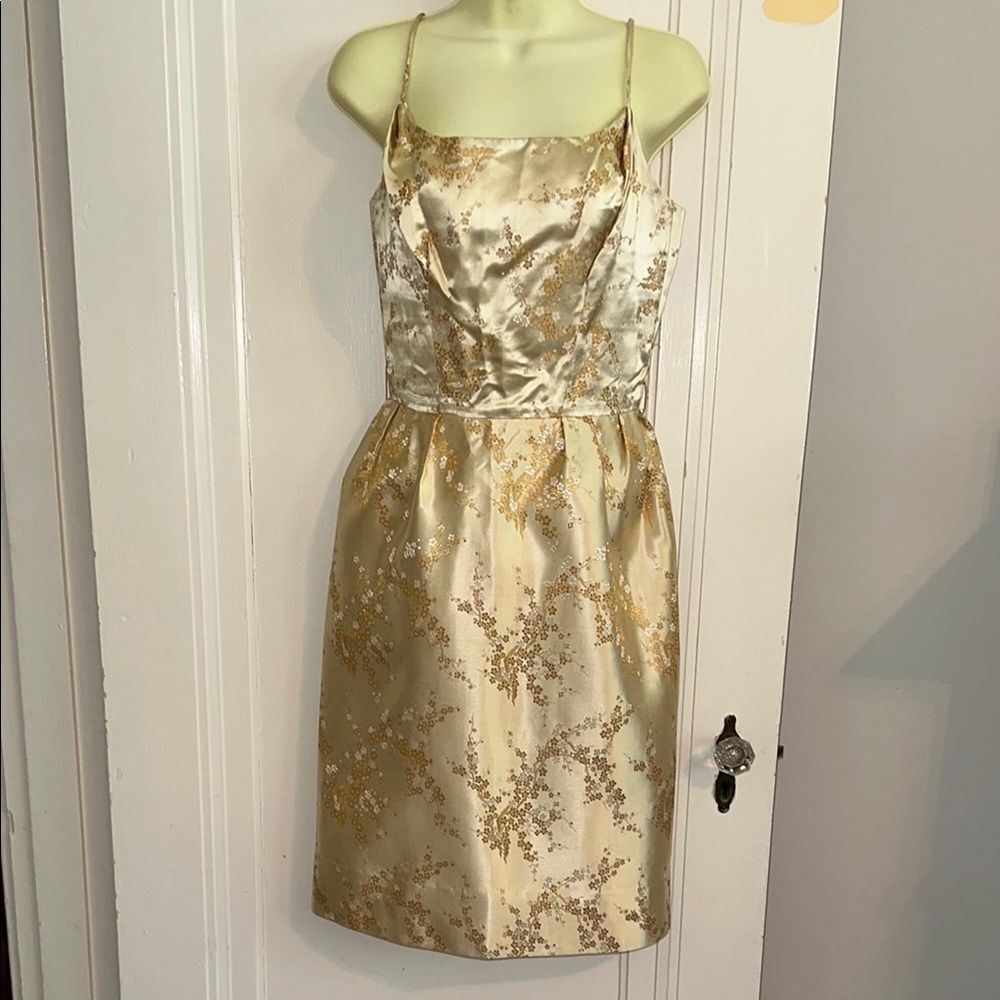 Vintage 50s Alfred Shaheen Honolulu Gold Brocade Spaghetti Strap Cocktail Dress